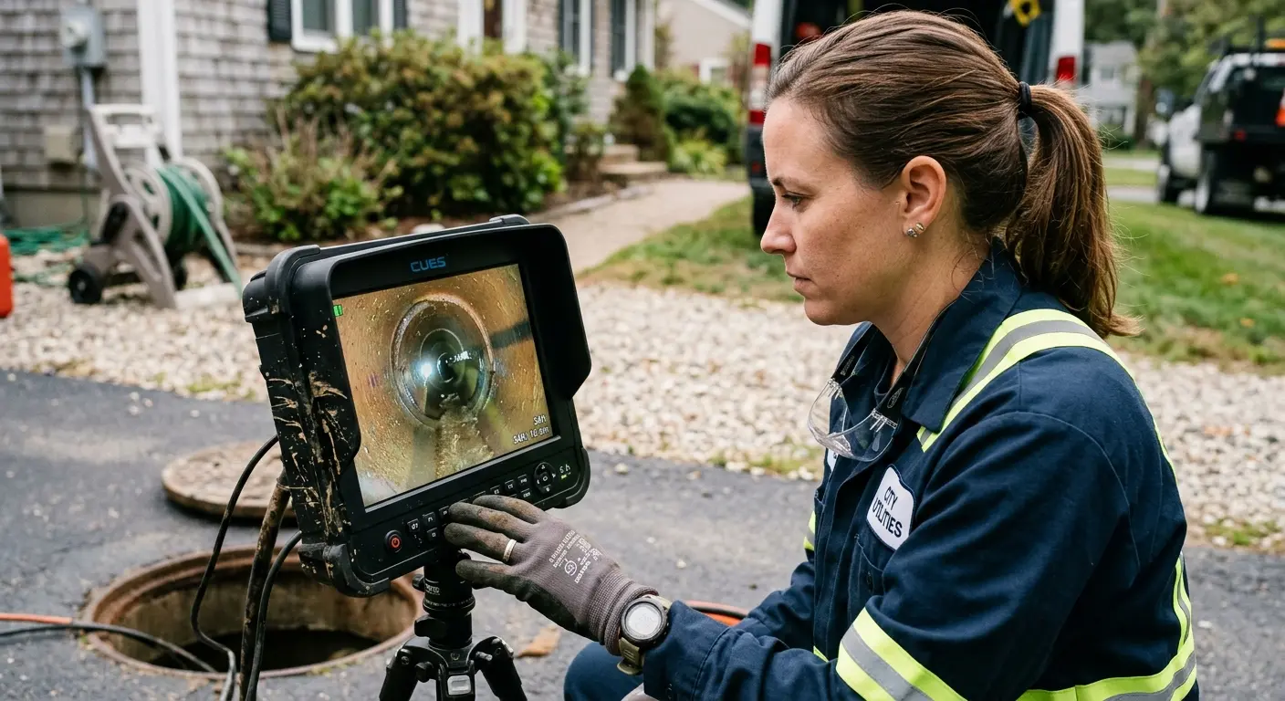 Technician reviewing sewer camera inspection footage in Harlingen