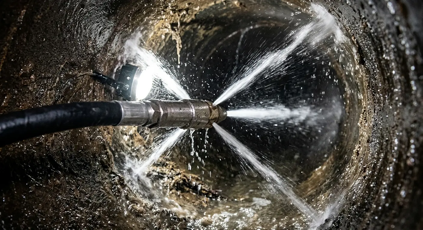 High-pressure hydro jetting nozzle cleaning sewer pipe for Sewer Cleanout in Harlingen